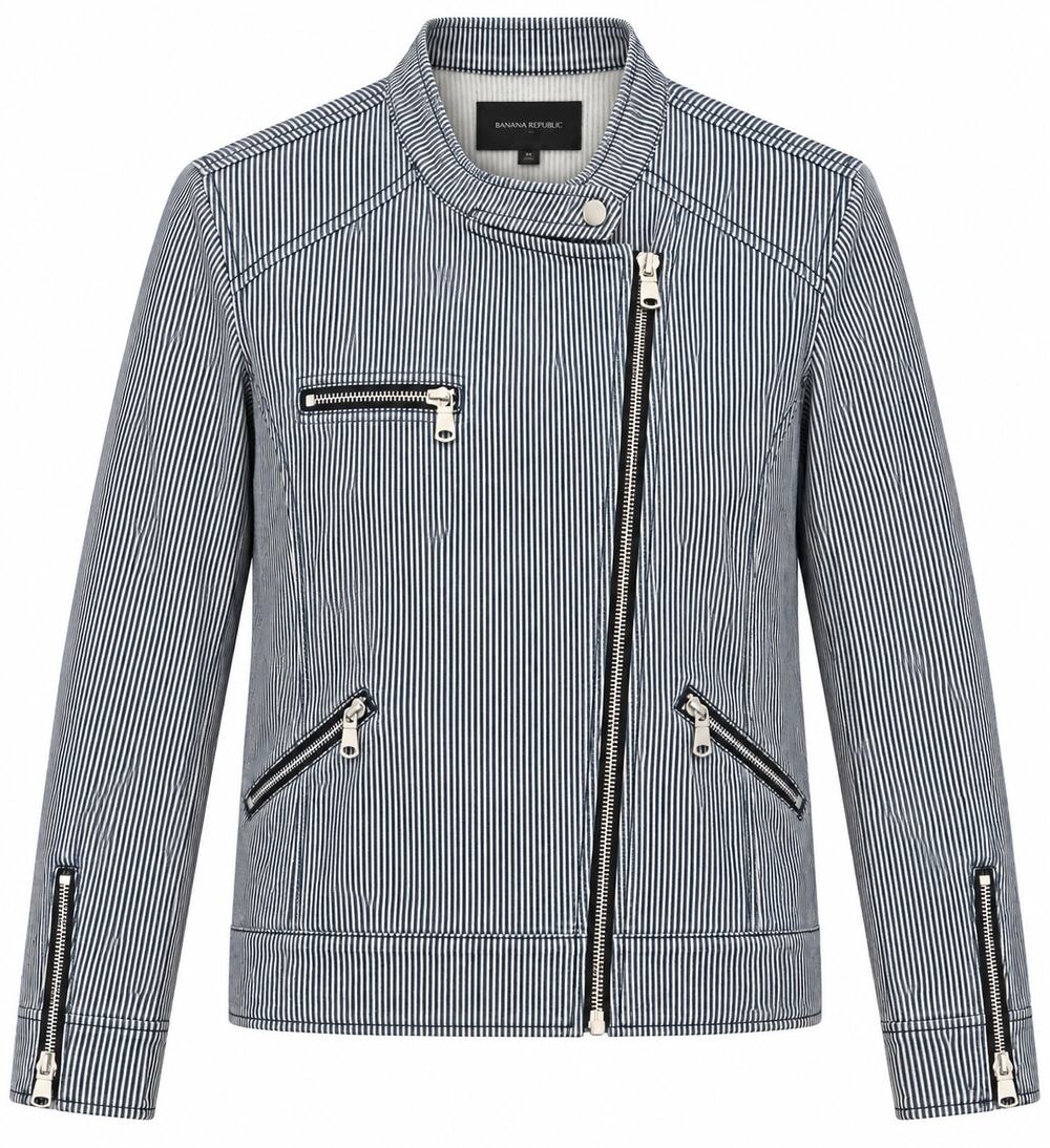 Banana Republic Medium Blue and White Pinstripe Denim Moto Jacket Urban Chic